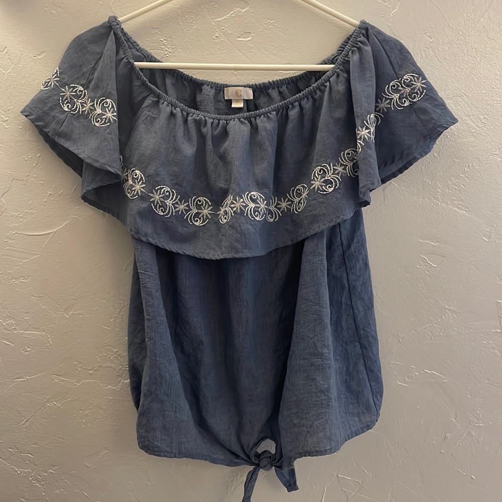 Charming Charlie Blue and White Off the shoulder tie top